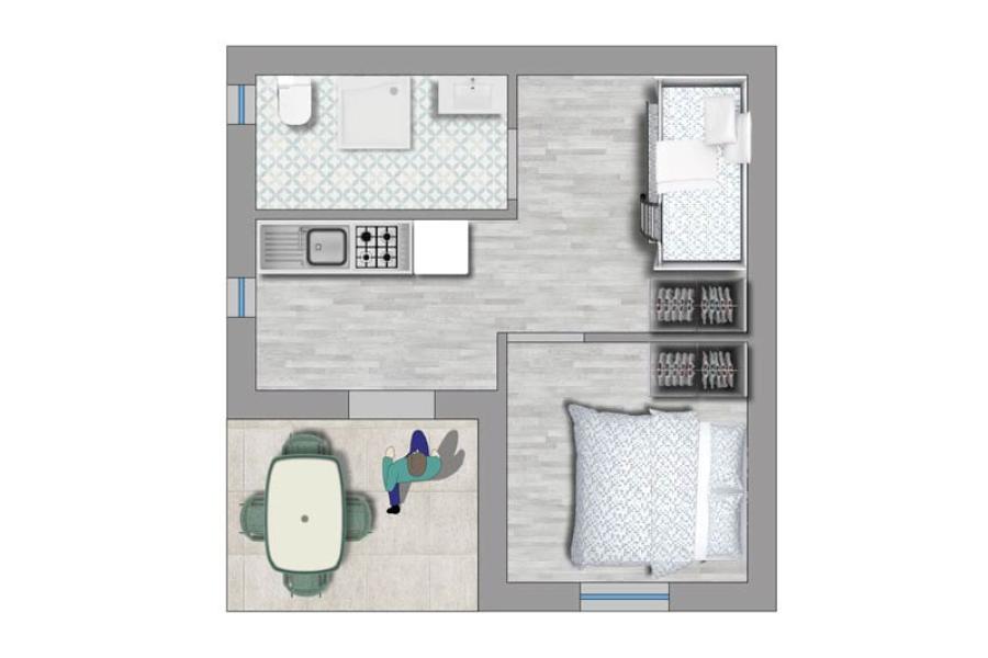 Accogliente monolocale con cucina, bagno e due letti, perfetto per una fuga rilassante.
