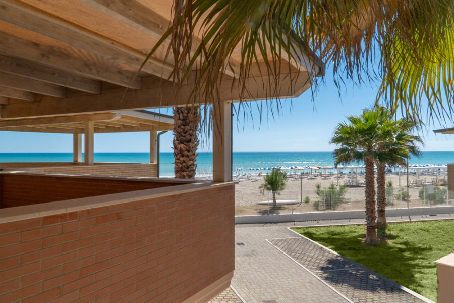 Vista mare, palme e spiaggia soleggiata, atmosfera rilassante e vacanziera.